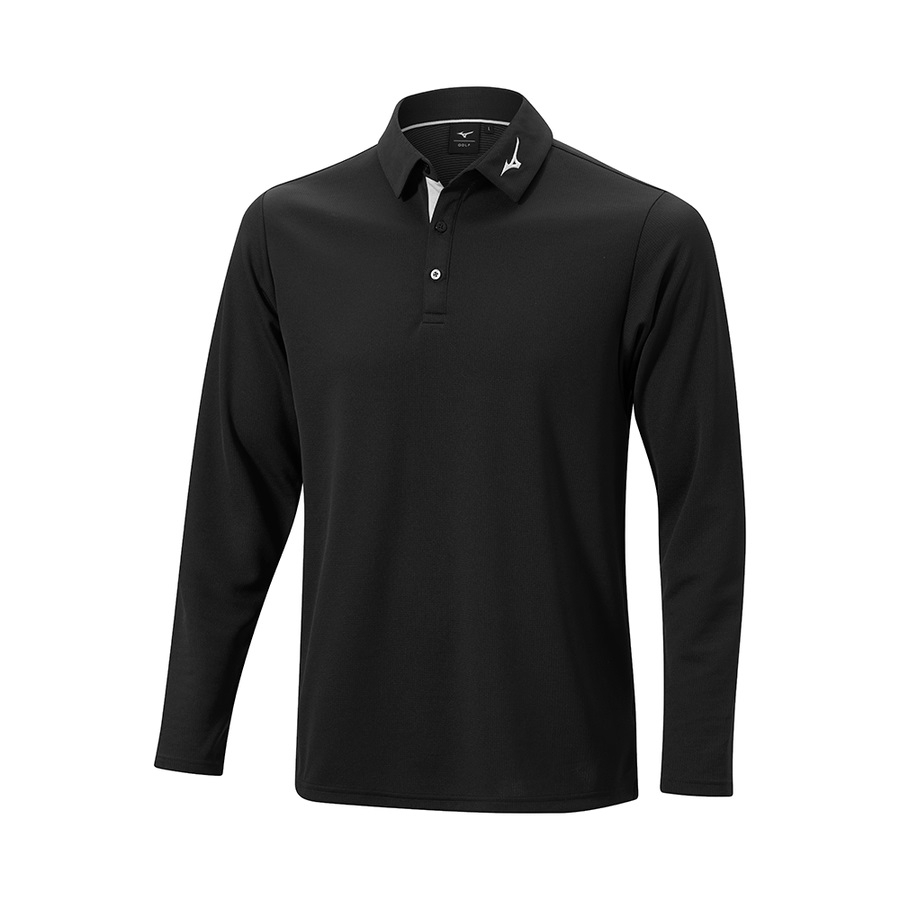 Black Men\'s Mizuno Breath Thermo Winter L/S Polo Tops | Philippines-716042