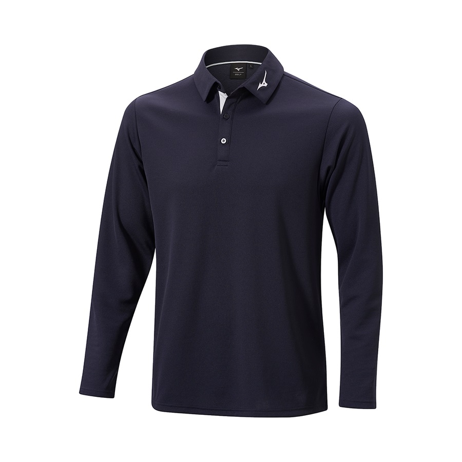 Deep Navy Men's Mizuno Breath Thermo Winter L/S Polo Tops | Philippines-805147